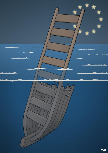 Cartoon showing a wrecked boat, floating vertically, and half under water. The bottom half is recognizable as a boat with wooden benches, while on the top half the hull has most vanished, and the benches now form the rungs of a ladder, reaching for the twelve golden stars of Europe.