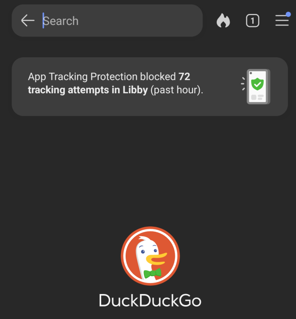 Snapshot of a DuckDuckGo search screen, with the message "App tracking protection blocked 72 tracking attempts in Libby (past hour).