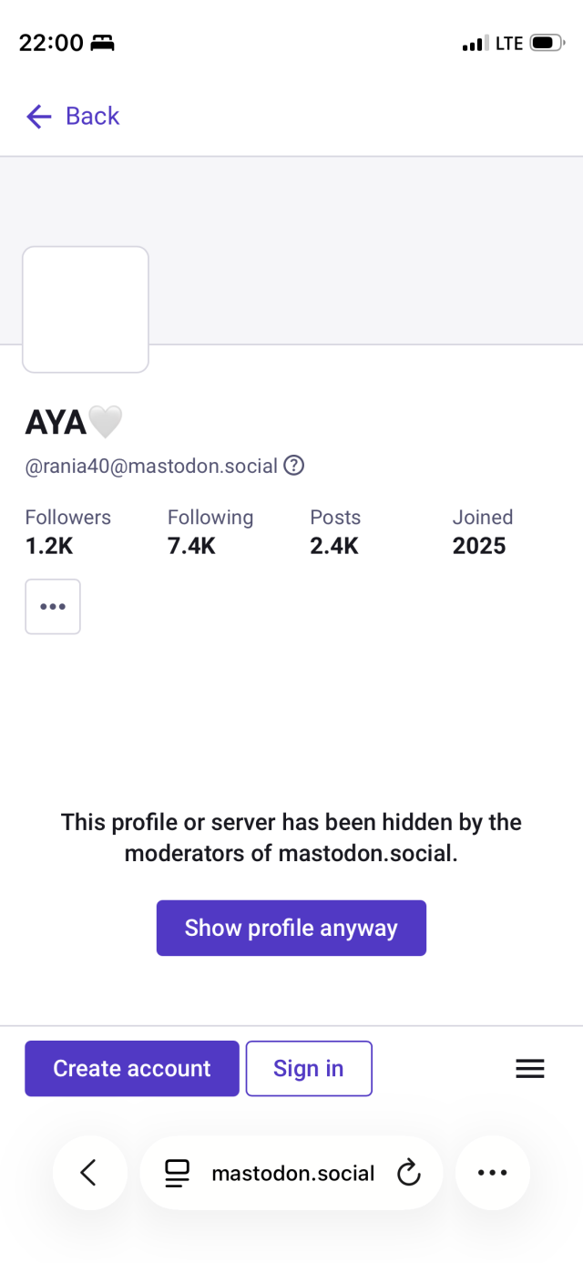 Gaza Verified team member Aya’s profile hidden on mastodon.social.