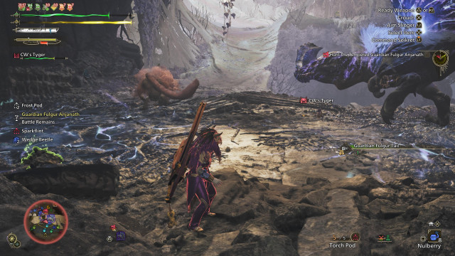 A screenshot from Monster Hunter Wilds. My hunter watches an Anjanath go after a Congalala.