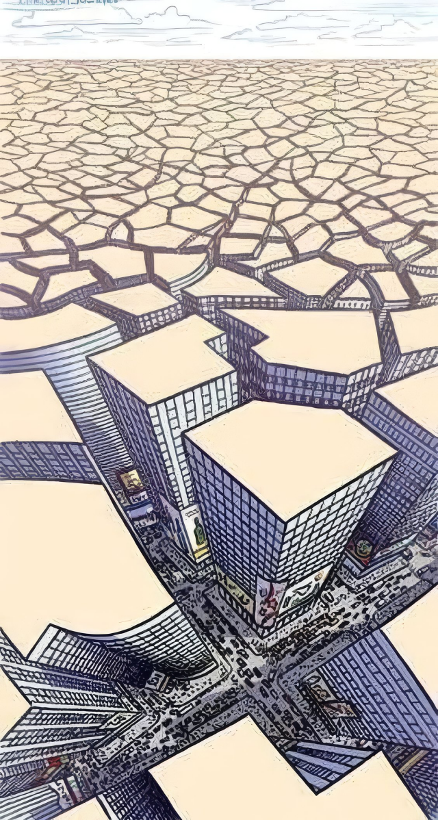A stylized comic illustration with a high-angle, bird's-eye perspective looking down at a dense city intersection filled with cars and skyscrapers. The city streets and buildings abruptly end, transitioning directly into an immense, cracked, arid desert landscape that extends all the way to the horizon under a pale sky.