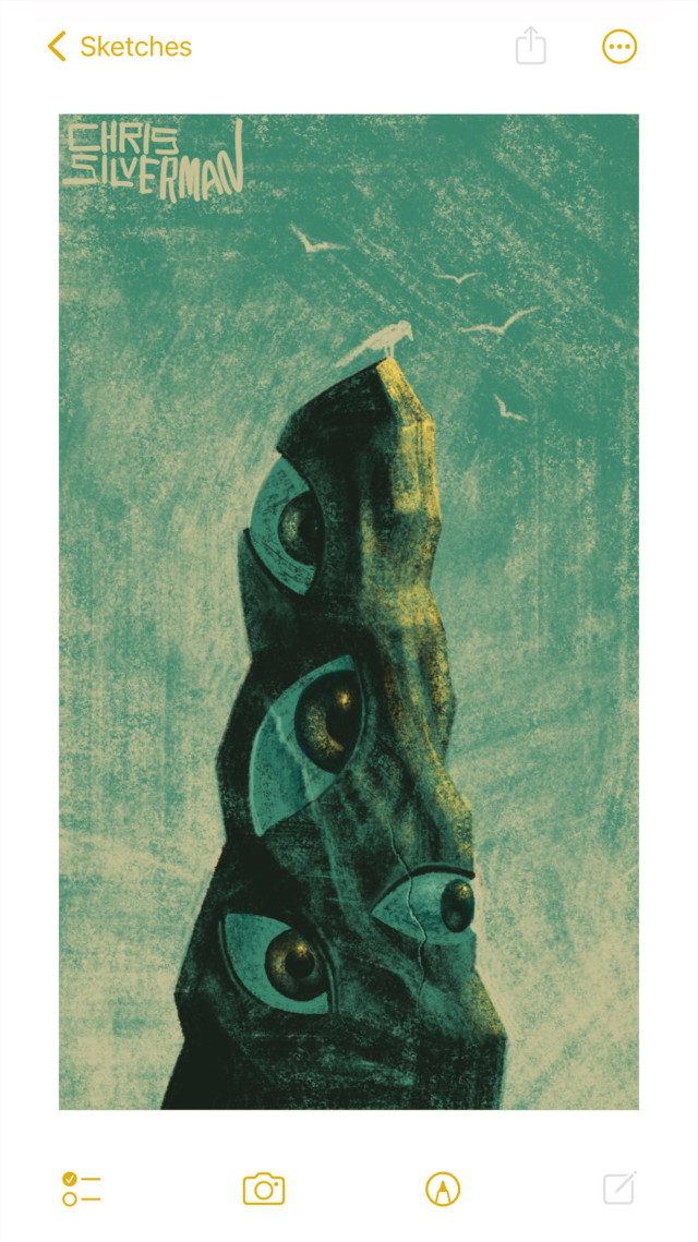 A rocky pinnacle reaching up into a greenish-tan sky. Birds circle around the pinnacle. Embedded in the pinnacle are four eyes at various angles. The painting is signed "Chris Silverman".