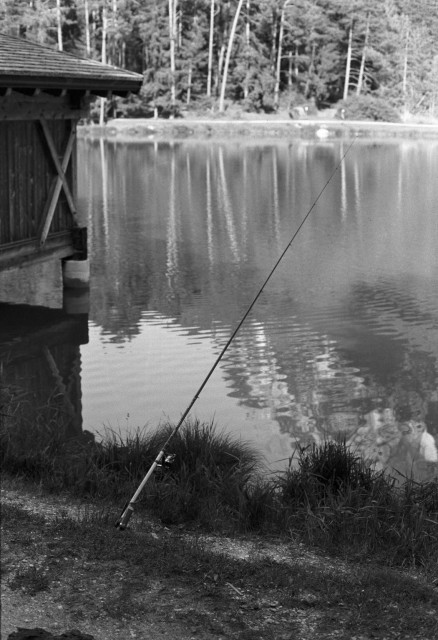 A fishing rod is positioned near the edge of a calm lake, with ripples reflecting trees in the background. A wooden structure is visible on the left, and the scene is captured in black and white.