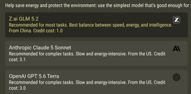 screenshot of some genAI coding platform, it says "Help save energy and protect the environment: use the simplest model that's good enough"
with a bunch of models listed below it, of course, there is no option to "use my own brain" which would *actually* save energy and protect the environment