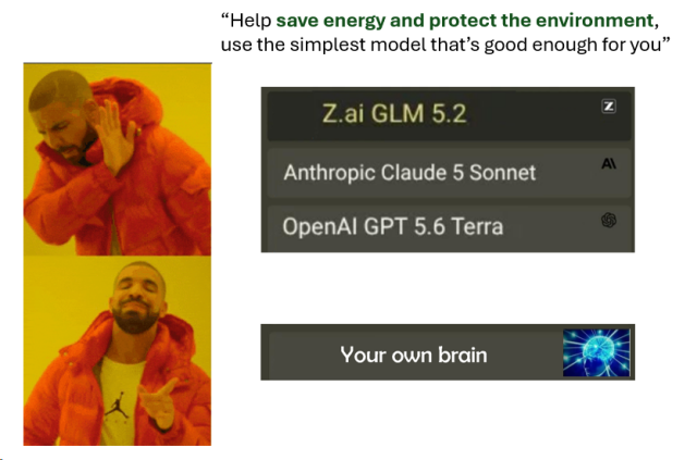 A mashup of the Drake meme and the brain meme where Drake looks away in disgust when the option to "save energy and protect the environment" is to use a bunch of different genAIs, but then he validates the last option, "your own brain"