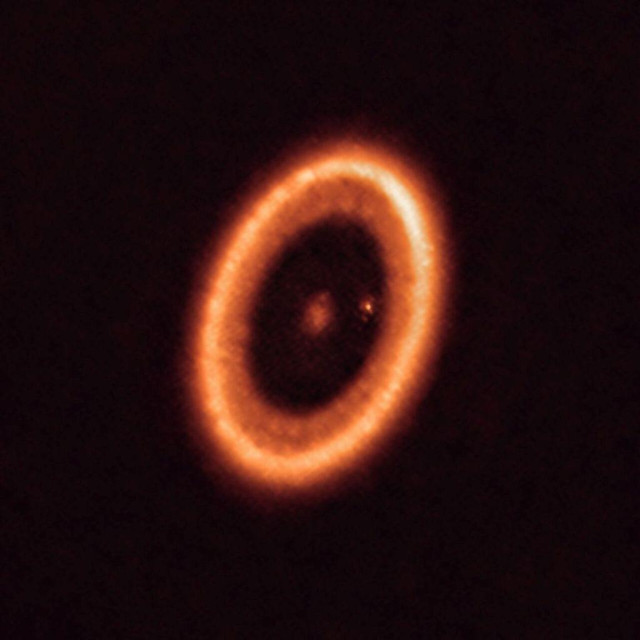 An orange circumstellar disk around a star. The disk is bright with a dusty inner ring. At the three o'clock position is a bright spot just inside the dust -- a Jupiter-sized exoplanet. There is a faint haze around the planet where a moon could be forming.