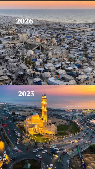 Alt text: an area with a lit up mosque at sunset surrounded by roads and buildings by the sea (2023) is reduced to rubble and tents (2026).