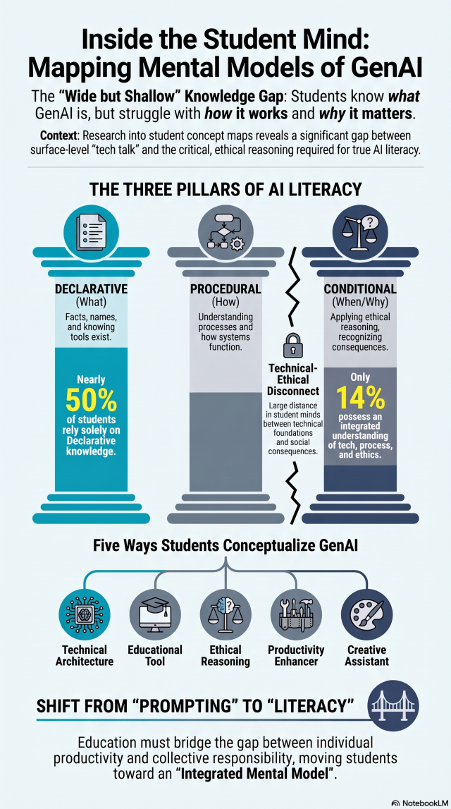 3 pillars of AI literacy: Declarative, where nearly 50 percent of students solely remain; Procedural; and Conditional, which only 14 percent of students fully integrate. A technical-ethical disconnect splits these pillars. The graphic maps five student concepts of AI: technical architecture, educational tool, ethical reasoning, productivity enhancer, and creative assistant.