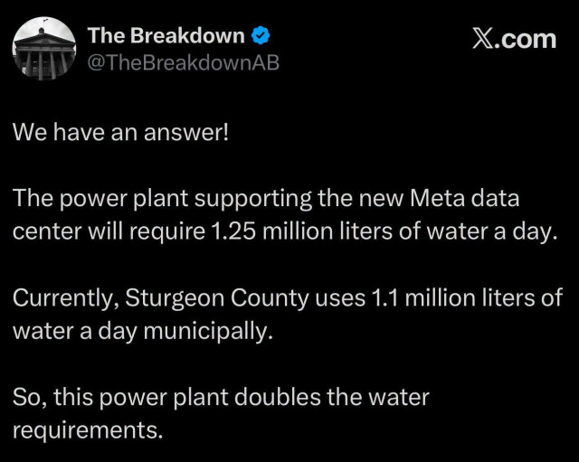 The Breakdown
@TheBreakdownAB

We have an answer!

The power plant supporting the new Meta data center will require 1.25 million liters of water a day.

Currently, Sturgeon County uses 1.1 million liters of water a day municipally.

So, this power plant doubles the water
requirements.