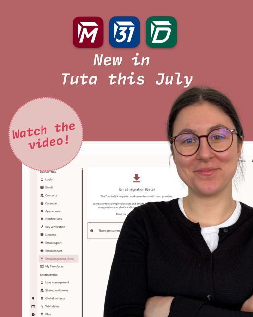 Image states "New in Tuta this July" and"Watch the video"