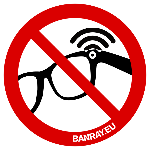 Banray.eu Sticker looks like a round red "Forbidden to.." traffic sign, showing a pair of glasses with the camera in the corner with 3 widening arcs emitted from it.
