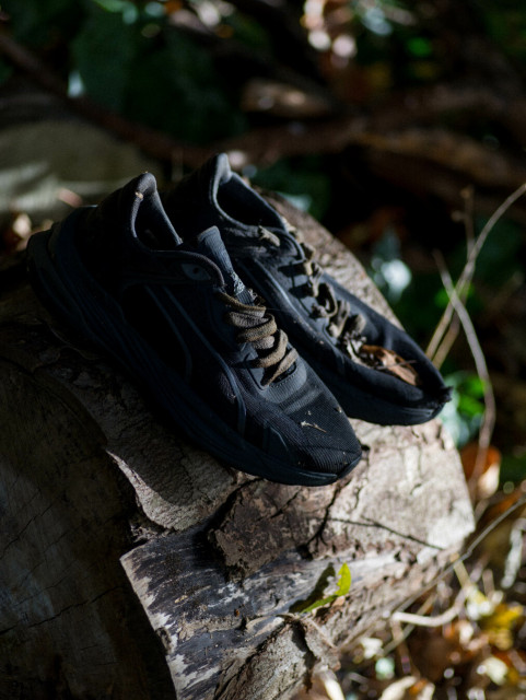 A pair of tired looking black trainers, sitting side-by-side on a section of weathered log.