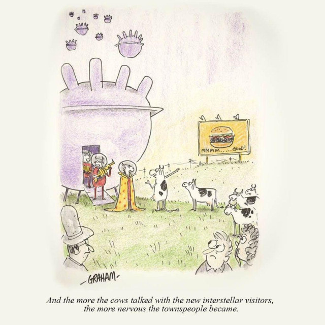 Cows calmly conversing with robed, helmeted cow-looking aliens stepping out of a large purple spacecraft and pointing at a nearby billboard advertising a burger ("MMMM... GOOD!") while anxious townspeople look on. Caption reads "And the more the cows talked with the new interstellar visitors, the more nervous the townspeople became."