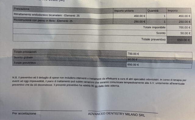 To ensure transparency regarding my medical needs, I have attached a formal estimate from the dental clinic here in Italy. The required treatment includes an endodontic retreatment (root canal) for tooth #25, costing €450.00, and a fiber post reconstruction for the same tooth, costing €250.00. After applying a professional discount of €50.00, the total estimated cost for the procedure is €650.00. I am sharing these details so that anyone who wishes to support me understands exactly how their contributions will be used to resolve this urgent health issue.