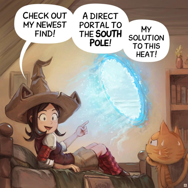 Panel 1. Pepper is lying in bed, looking proud as she shows Carrot her latest invention: a magic portal floating above the bed, blowing cold air.  
> Pepper: "Check out my newest find! A direct portal to the South Pole! My solution to this heat!"