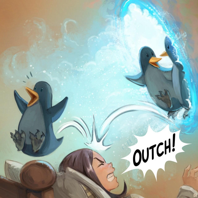 Panel 3. Close up: penguins start pouring out of the portal, bouncing off Pepper's face.  
> Pepper: "Ouch!"
