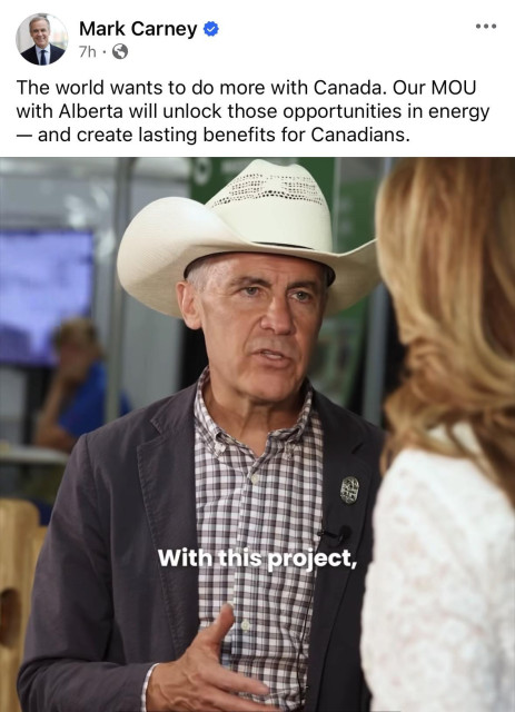 Screenshot of a Facebook post from Mark Carney. It has a video with the caption: The world wants to do more with Canada. Our MOU with Alberta will unlock those opportunities in energy — and create lasting benefits for Canadians.