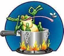 Farbige Karikatur von einem Frosch in einem Kochtopf auf dem Feuer, der die angenehme Wassertemperatur zu genießen scheint. 