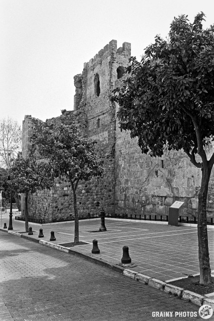 Black and white photograph of the old Marbella Town walls with trees and a paved area in front featuring a few bollards and an information board.