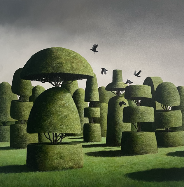 A painting by Lee Madgwick. A topiary garden. Five crows take flight from between the trees. 