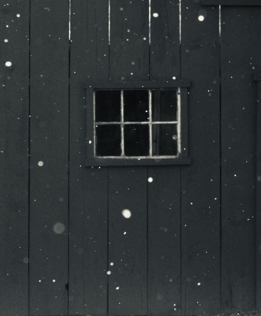 A monochrome image of an old barn-like structure, a wooden wall of tall slats with a small rectangular window crudely set into it. The window is divided into six rectangular panels, with moldering lighter colored frames around them. There is light coming from behind the structure, lighting up floating bits of plant material in the air in front of it (willow fluff) many of which are out of focus and appear as scattered blobs of light.

There is darkness behind the windows, but toward the top of the wooden wall there is a little light shining between the slats.

It is a slightly confusing and maybe unsettling picture.
