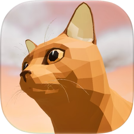 Low-poly digital illustration of a cat's head against a cloudy sky background.