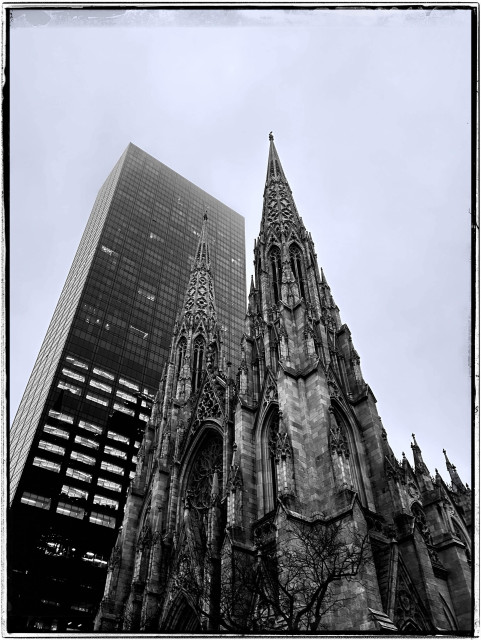 A black and white photo taken at an upward angle towards the upper half of Saint Patrick's Cathedral. It seems to be listing a little to the left and behind it is a giant Black building with all glass windows. The giant spires of Saint Patrick's Cathedral jut up into the air and below them are arched stained glass windows and in the middle is a round stained glass window. The stained glass windows are of course not as noticeable in black and white. At the bottom are some tops of trees with branches and no leaves. The the rest of the photo is a clear gray sky. The photo has a Gothic creepy feel  to it.