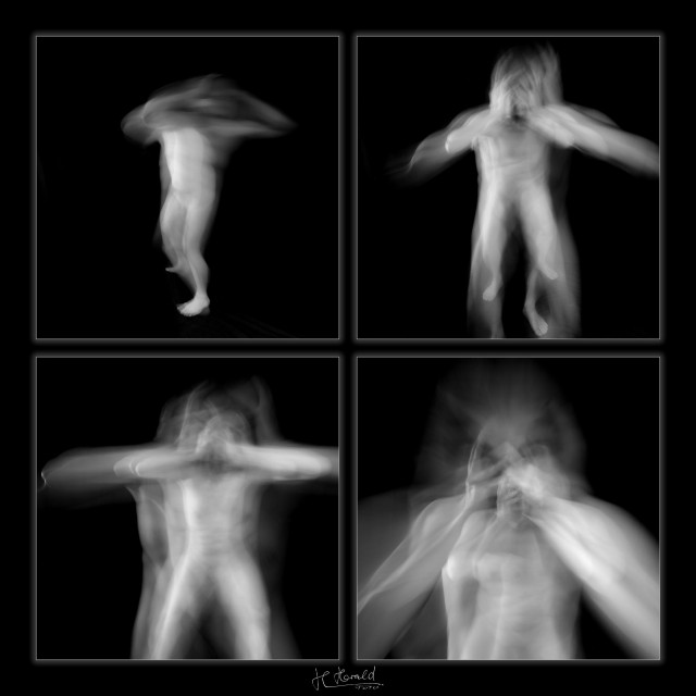 Four black-and-white images with a dark background and a narrow white frame, depicting a figure blurred by movement who, from one image to the next, is moving ever closer towards the viewer. The figure is unclothed and is holding their hands to their head or in front of their face, looking terrified.