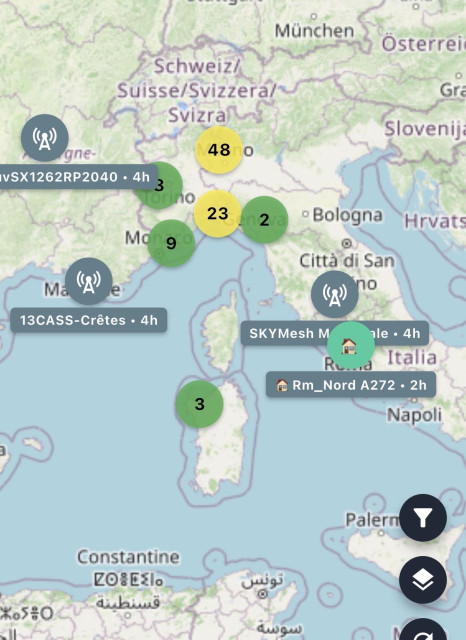 A screenshot of Italy and southern France, showing relays (indicated by dots) in Liguria, Sardinia and Lazio