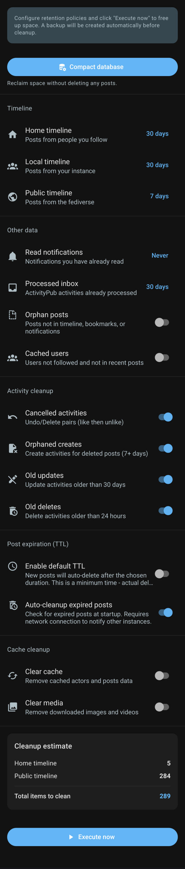 Cleanup screen in HolosSocial: retention policies per timeline, activity and cache cleanup options, and a live estimate before running. It runs automatically in the background, with no action needed. A backup is created automatically before cleanup.