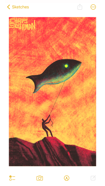 A person stands on a craggy mountain ridge, under a reddish-yellow sky. They are holding onto a rope, at the end of which is a fish-shaped balloon. The fish has a glowing green eye and is dark, with an iridescent green sheen to it. The painting is signed "Chris Silverman".