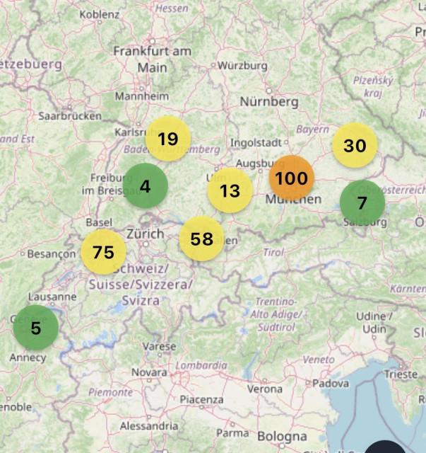 Map of southern Germany, Austria, Switzerland and parts of Italy, showing the mesh core nodes my repeater has observed. It can see nodes from close to Czechia to France, but it cannot find any nodes on the other side of the Alps.