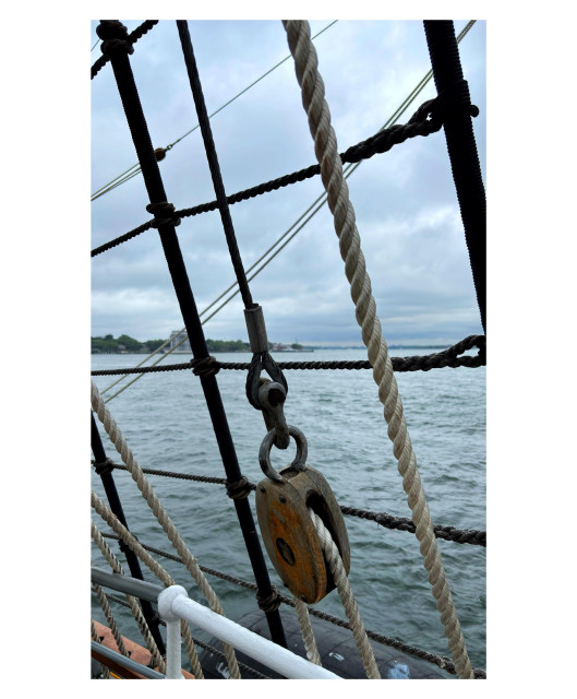 A view of New York Harbor through some of the ropes and rigging onboard the tall ship Mircea. The ropes run diagonally from upper left to lower right as well as horizontally, creating a wide mesh, with a wooden pulley in the foreground. Beyond is a wide expanse of water, with Governors Island and a very tiny Statue of Liberty on the horizon. The sky is overcast with low clouds.