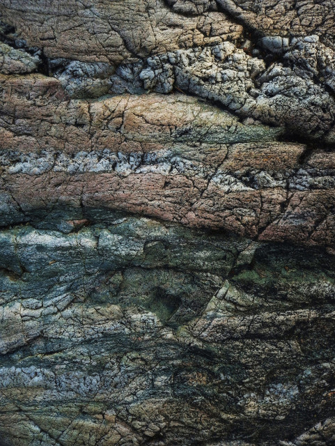 A cross-section of a boulder showing horizontal layers of different types of rock, some of which are white and rather lumpy, whilst others are pale pink, yellowish, greenish or grey and solid. Furrows run between them, and sometimes a vein of rock runs vertically through them.