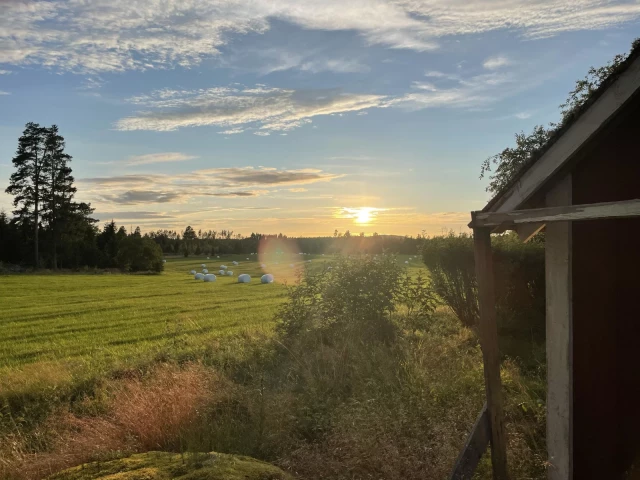 A scenic view of a green field at sunset, featuring rolled hay bales scattered across the landscape. In the foreground, there is a wooden structure partially visible on the right, with trees and shrubs surrounding the area. The sky is filled with colorful clouds