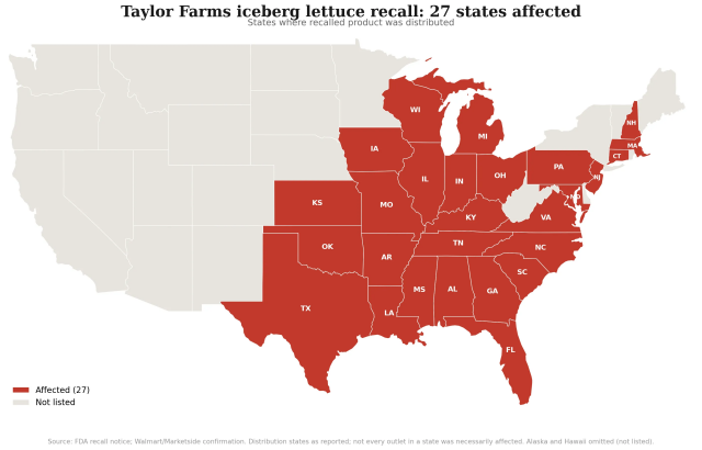 A map of the 27 states impacted by the recall: AL, AR, CT, FL, GA, IA, IL, IN, KS, KY, LA, MA, MD, MI, MO, MS, NC, NH, NJ, OH, OK, PA, SC, TN, TX, VA, and WI.