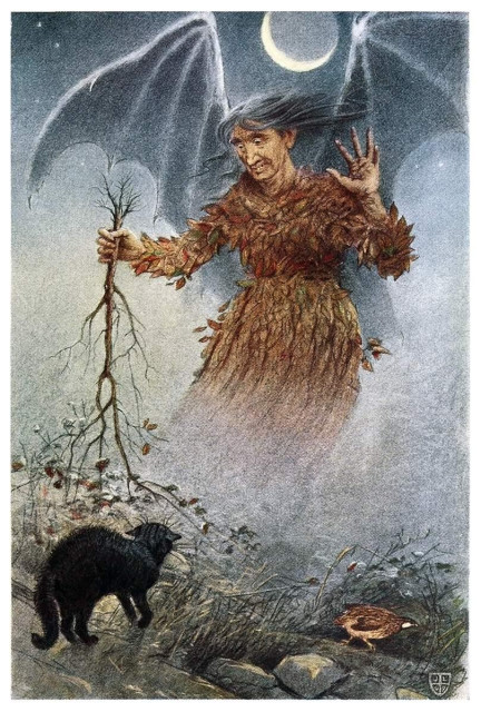 A witch with bat-like wings and a gown of withered leaves holds a plant root and addresses a black cat beneath a waning moon.