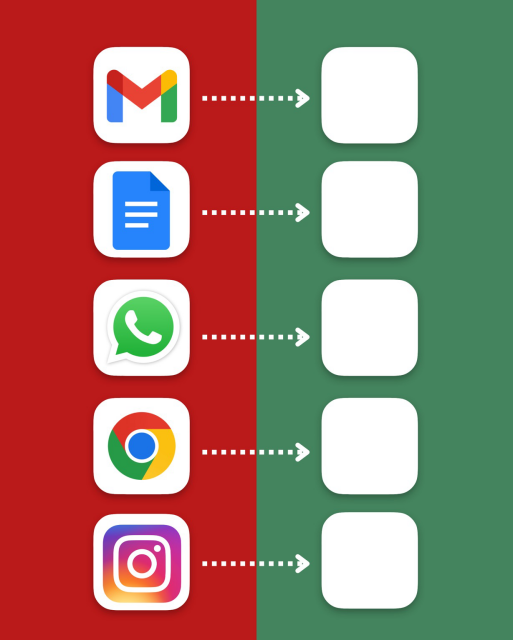 List of big tech apps List of big tech apps wjth an arrow and blank square to share better alternatives. Gmai, Google Docs, WhatsApp, Chrome, Instagram