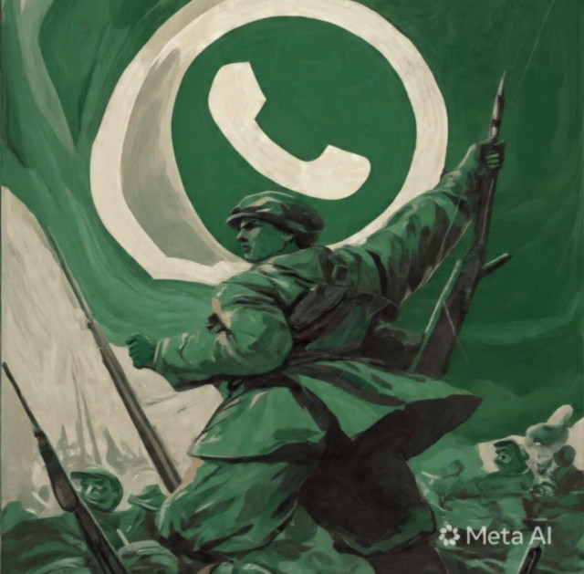 Meta AI generated WhatsApp profile picture in soviet propaganda style of the 1940s.

A group of gun-waving soldiers gather under a green WhatsApp-flag to fight an invisible ennemi. We clearly guess it is freedom of choice and freedom of internet.

Pure sarcasm to have this as a Meta AI generated WhatsApp profile picture.