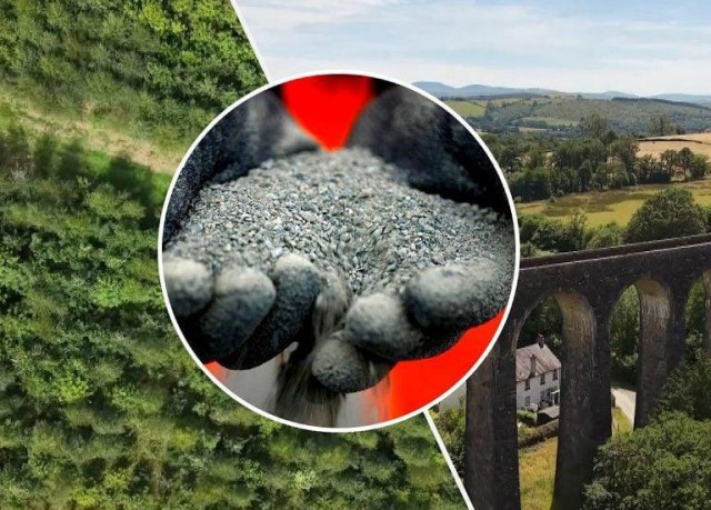 A split-screen graphic featuring a circular center inset of a person's hands in black gloves holding a heap of gray crushed rock dust against a bright red background. The left side of the graphic displays an aerial, top-down view of a dense green forest canopy. The right side shows a scenic countryside view of a tall, stone arch viaduct spanning across fields next to a white house.