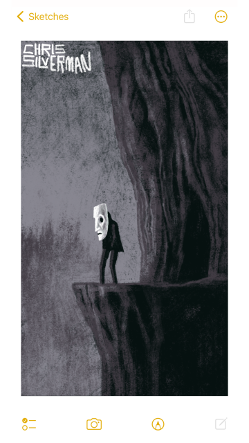 A dark figure wearing a large, white mask stands on a ledge in front of a cliffside cave, hands in its pockets. This is a primarily colorless scene: everything is a sort of lavender gray. In the background is a dim line of trees. The painting is signed "Chris Silverman".