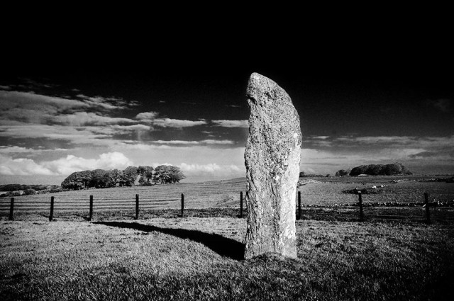Black and white photo depicting a tall standing stone in sunlight, placed in a grassy field with a group of trees in the distance. A short fence is behind the stone.