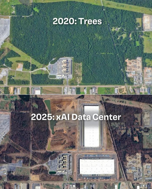 Comparison of a tree-filled area in 2020 and a new xAI Data Center planned for 2025, showing total destruction of the area.