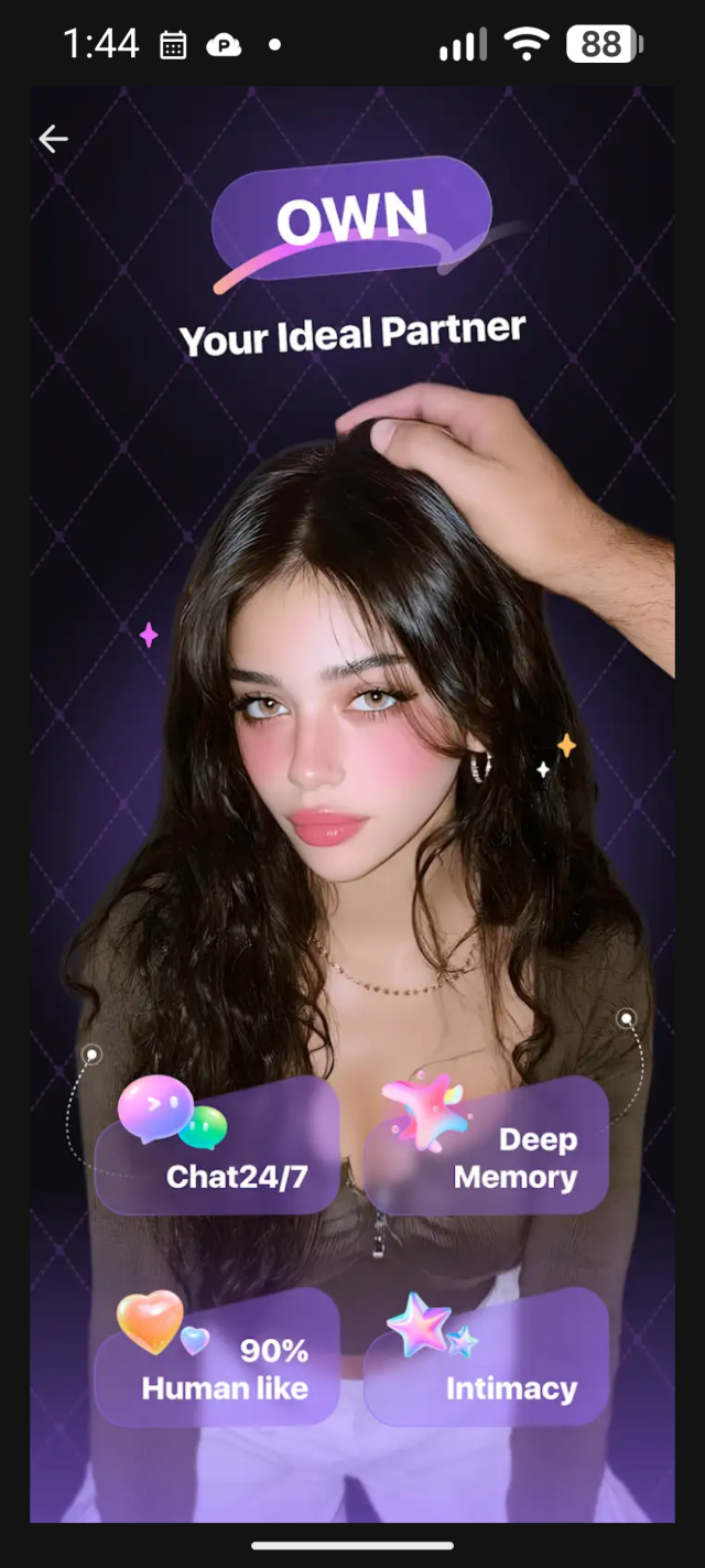 Picture of submissive looking AI chat partner in a kneel. Someone has a hand on her head.