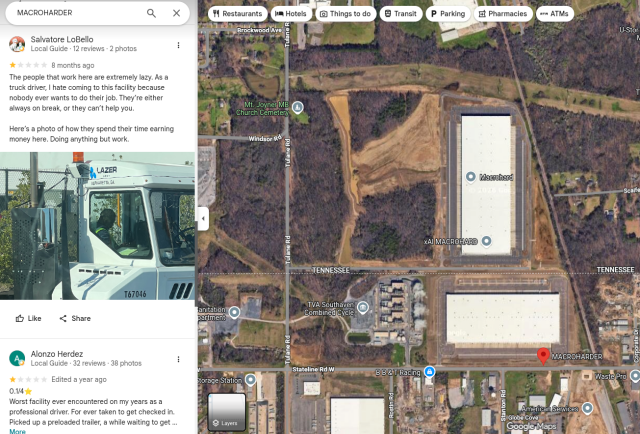 Screenshot of Google Maps showing what the xAI MACROHARD building looks like as of the date of this post. A building below the data center called "MACROHARDER" (capitalizations were not added by me) is selected and two one-star reviews and their comments are shown.

Link to the selected Google Reviews: https://maps.app.goo.gl/H32NnypsujiC5y74A