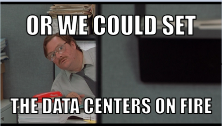Still image from the movie Office Space showing Milton peeking from his cubicle. Text overlay: Or we could set the data centers on fire.