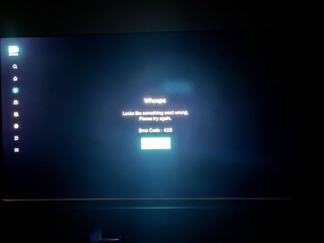 Photo of a TV with the DsTv logo and menu on the left. A message in the middle says: Whoops. Looks something went wrong. Please try again. Error Code: 429