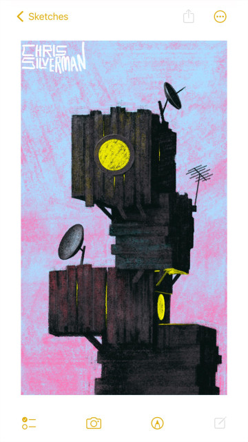 A rickety tower of stacked, roughly cubical, wooden shacks. Some have tinges of red or blue, like paint that has largely faded and flaked away. The topmost shack and one lower down have a round yellow window and dish antennae mounted on the top. Yellow light filters between the boards. The sky is blue, with pink on the horizon. The painting is signed "Chris Silverman".