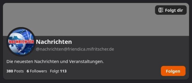 Ein Screenshot eines Profilbereichs auf dunkelgrauem Hintergrund. Das Profil zeigt den Namen „Nachrichten“ und die Kennung „[@]nachrichten[@]friendic „[@]nachrichten[@]friendica.mifritscher.de“. Das Profilbild zeigt eine blaue Weltkugel mit dem Wort „NACHRICHTEN“ in einem roten Feld. Unten links stehen die Informationen „380 Posts“, „6 Followers“ und „Folgt 113“. Oben rechts befindet sich eine Schaltfläche mit der Aufschrift „Folgt dir“