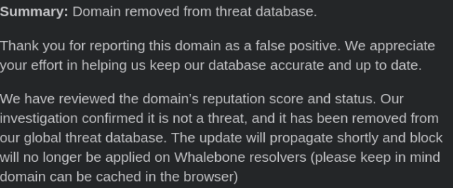 Whalebone: Domain removed from thread database. Please clear your DNS cache.